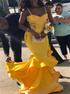 Yellow Mermaid Spaghetti Satin Appliques Ruffles Prom Dresses LBQ3144